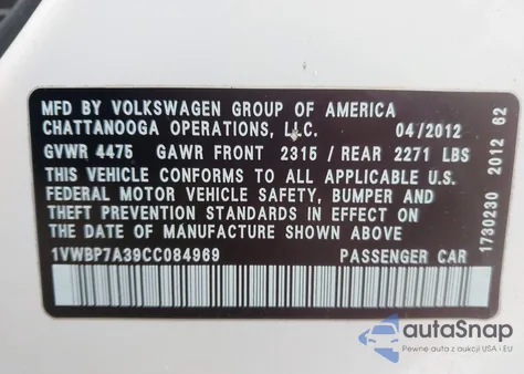 2012 Volkswagen Passat 2.5L Se from USA, damaged, VIN 1VWBP7A39CC084969